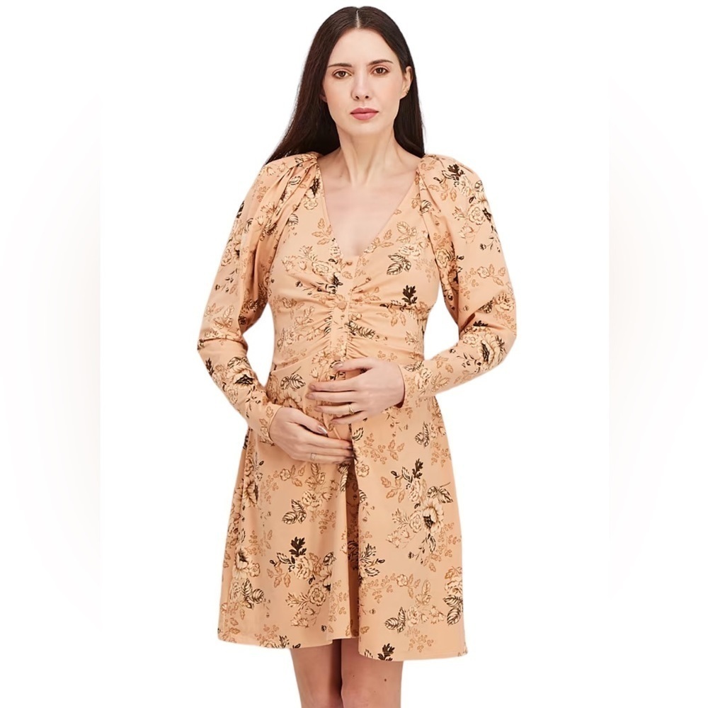 ASOS Design Maternity Dress Womens Sz 16 Pink Peach Blush Floral V Neck Autumn